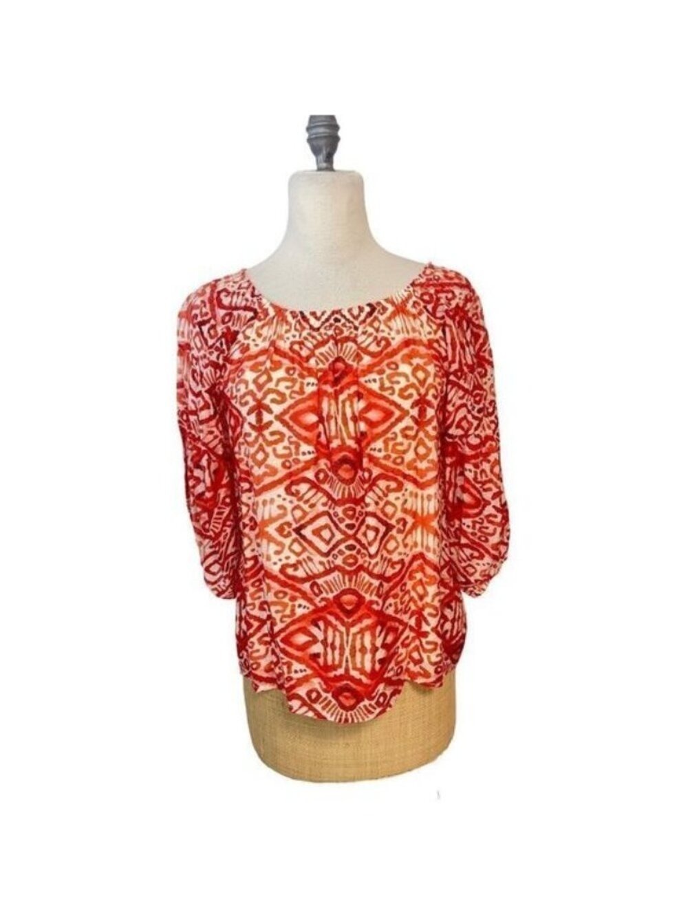 P Cill Orange print Rayon Blend Boho Peasant Top Medium NWT